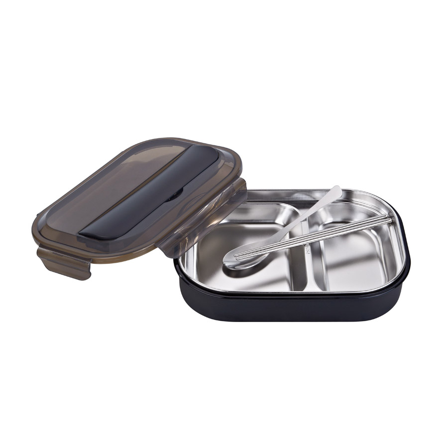 R-8844 黑色 美時不銹鋼套裝飯盒（2格）材質：PP+304不銹鋼 產品尺寸：（cm）長25.5x寬18.2x高6.jpg